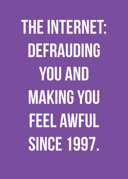 Weird greeting card with humorous Internet-themed message on a purple background.