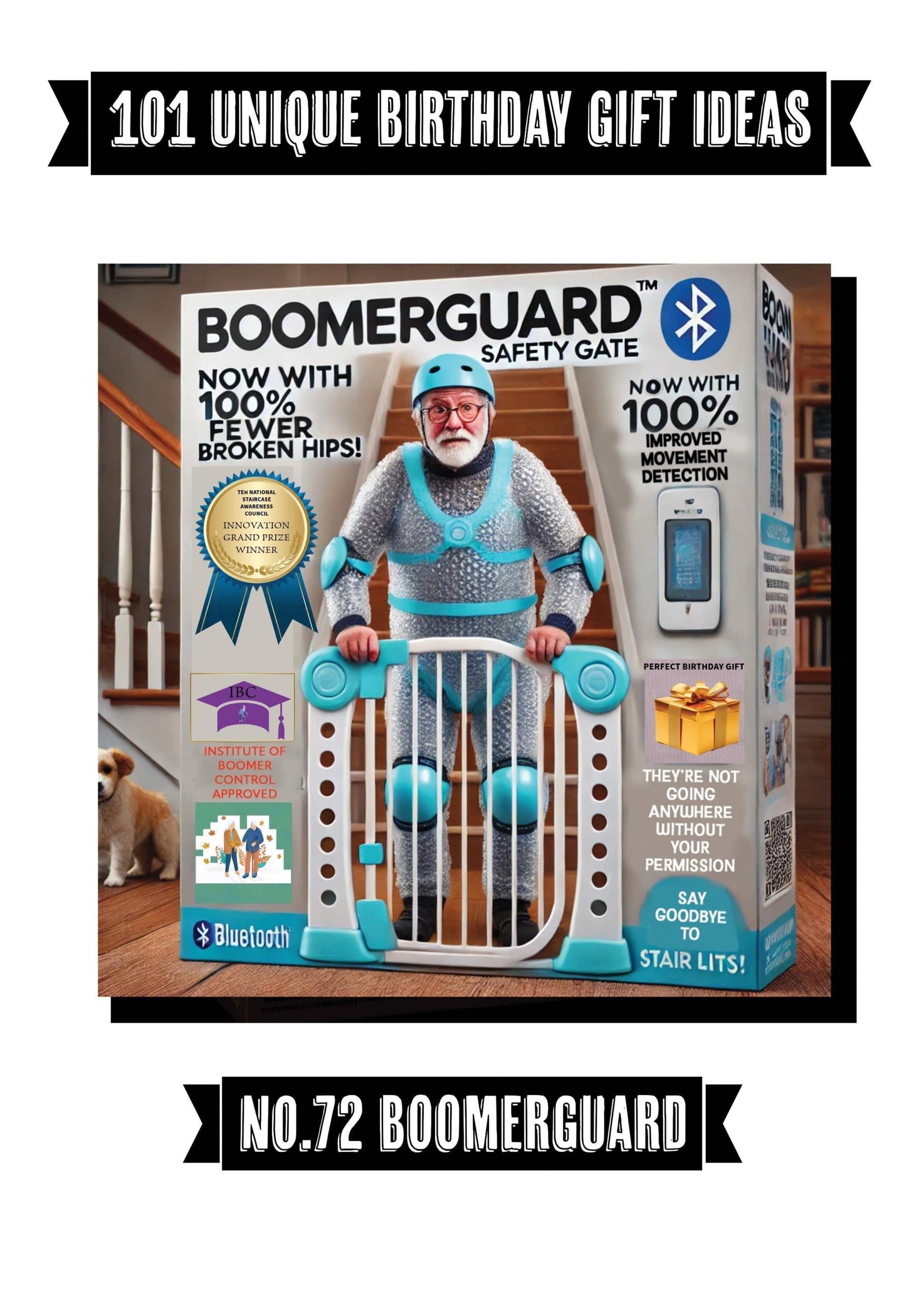 Weird greeting card featuring a humorous "Boomerguard" safety gate design with a playful elderly man illustration.