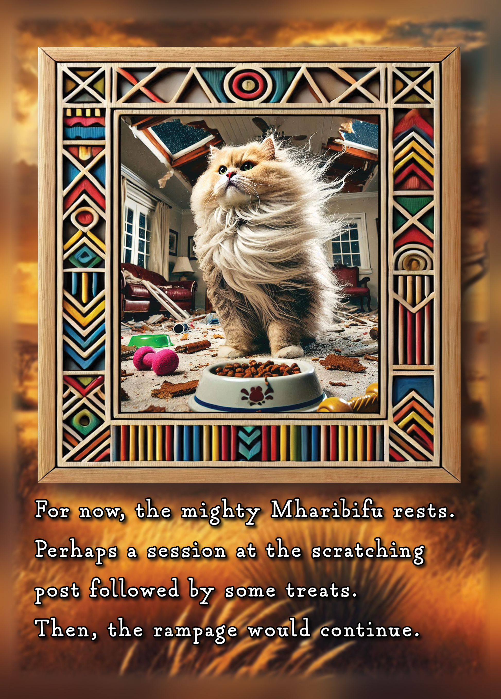 Cat Lover's Greeting Card featuring a fluffy cat in an artistic frame with humorous text.