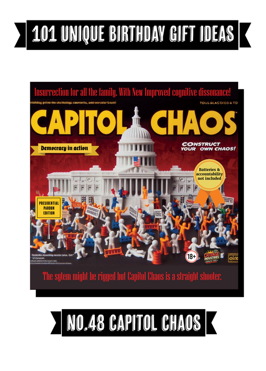 Funny greeting card titled "Capitol Chaos" featuring playful, colorful design with figures near a white building.