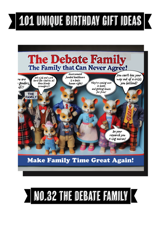 Funny Greeting Card featuring 'The Debate Family' with whimsical illustrations and humorous dialogue.