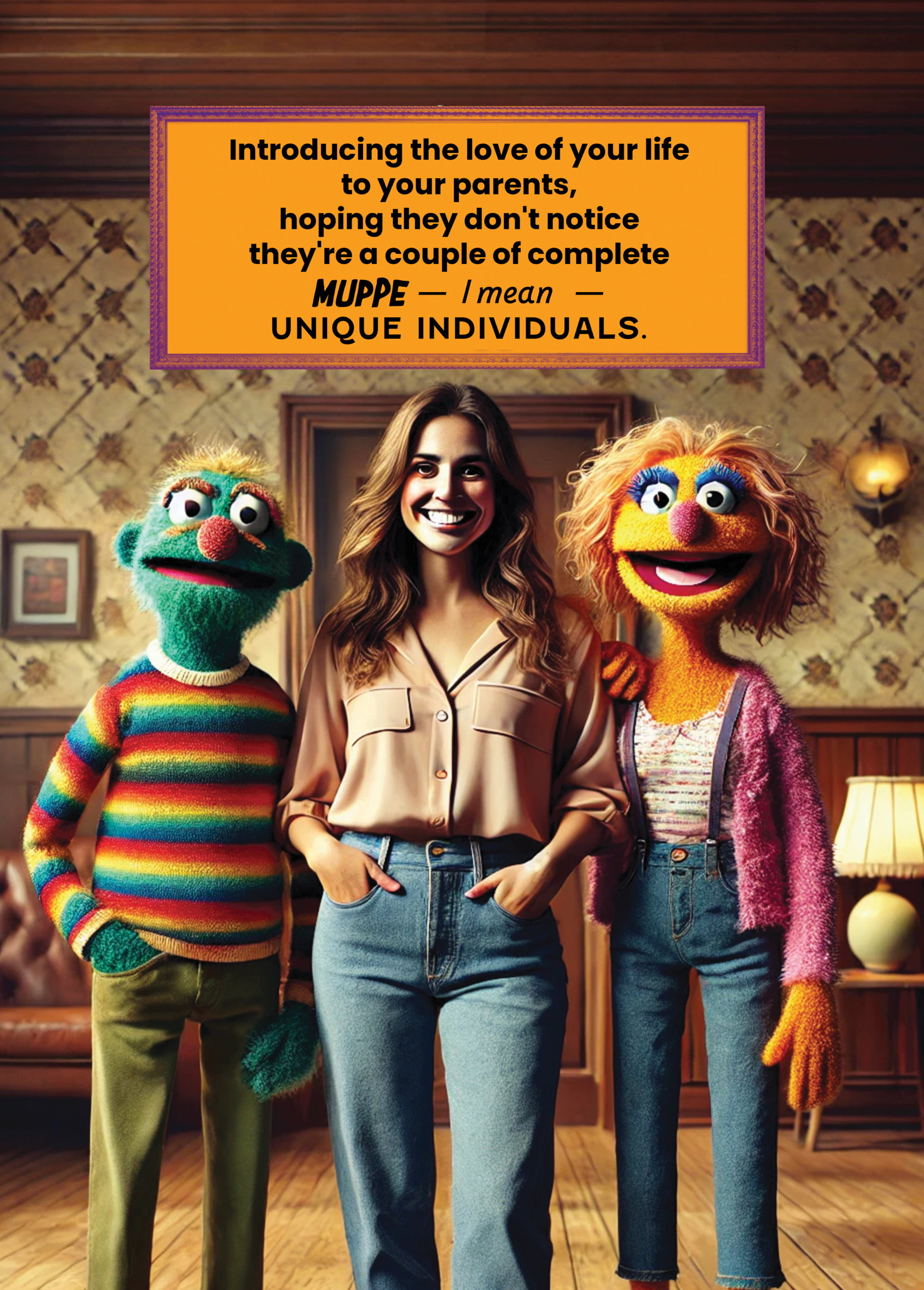 Weird greeting card featuring a woman and two puppet-like characters with a humorous message about introducing a partner to parents.