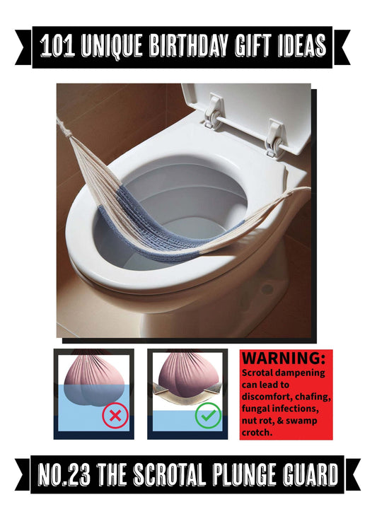 Weird greeting card featuring a humorous 'Scrotal Plunge Guard' design over a toilet.