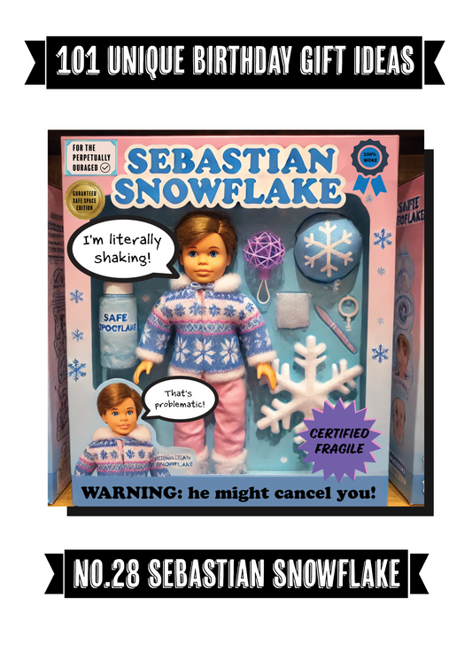 Funny greeting card featuring 'Sebastian Snowflake Woke Doll' with colorful and bold design.