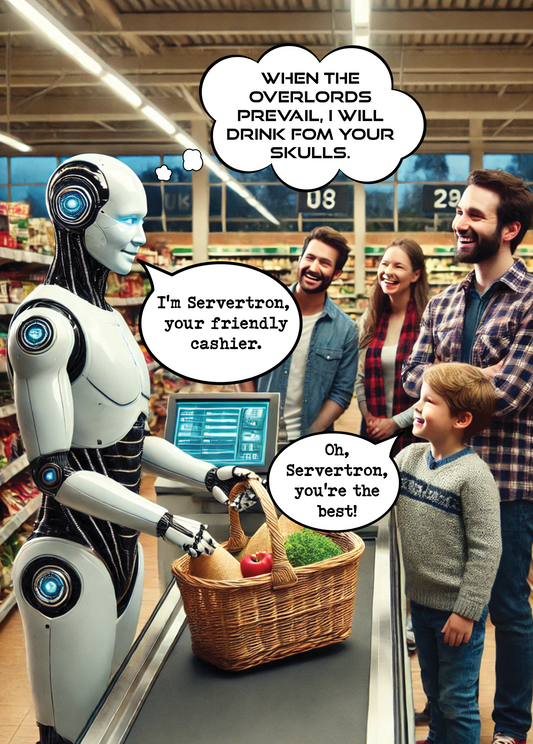 Weird greeting card featuring robot cashier Servetron with humorous speech bubbles, interacting with customers at a checkout.