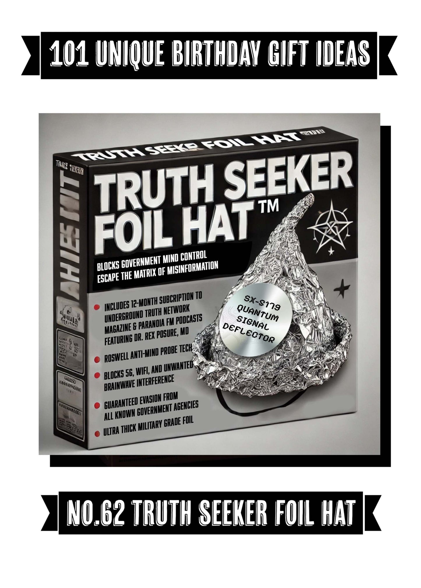 Funny Greeting Card featuring a tin foil hat design, humorously styled as a Truth Seeker accessory, perfect for unique birthday gift ideas.