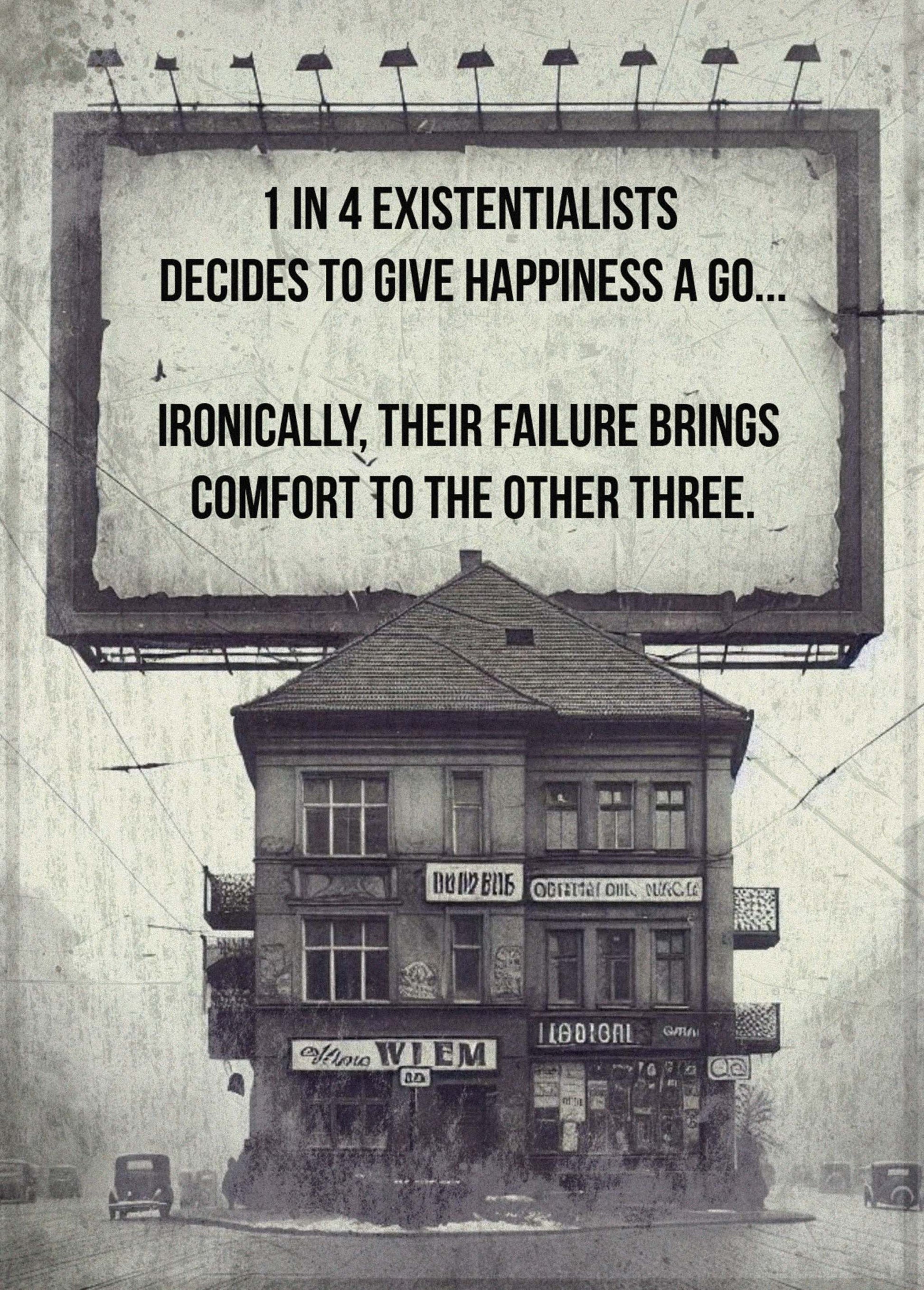 Funny greeting card with existentialist humor text on a vintage cityscape background.