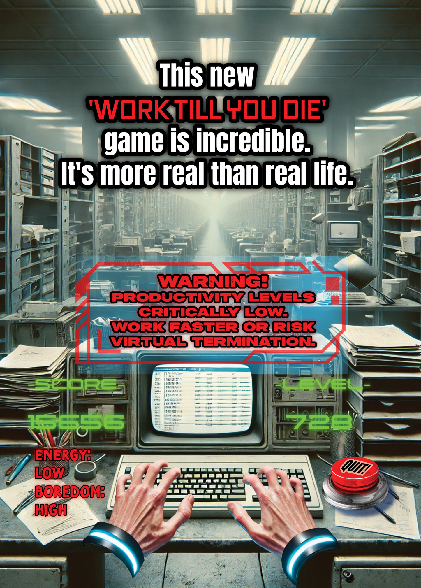 Weird greeting card with humorous "Work Till You Die VR Game" theme, featuring playful design and imagery.