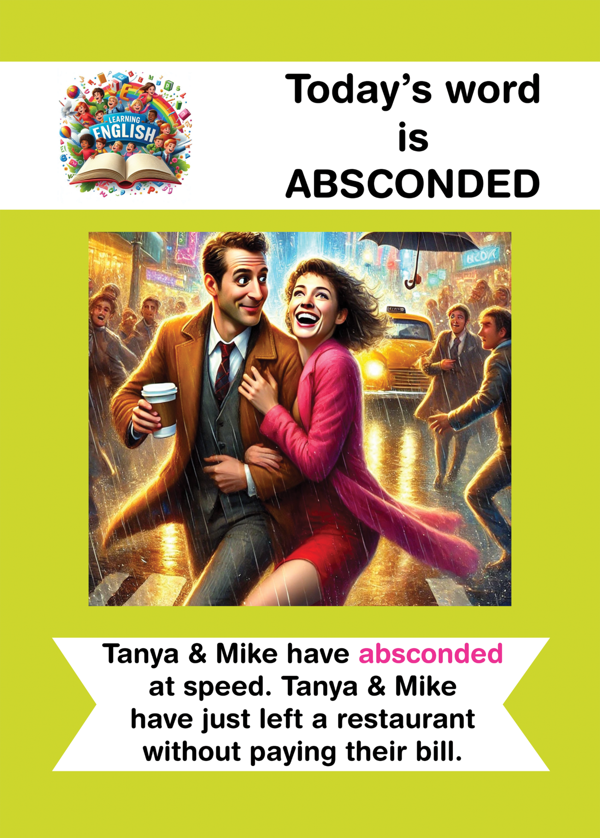 Funny greeting card with couple absconding without paying in restaurant scene.