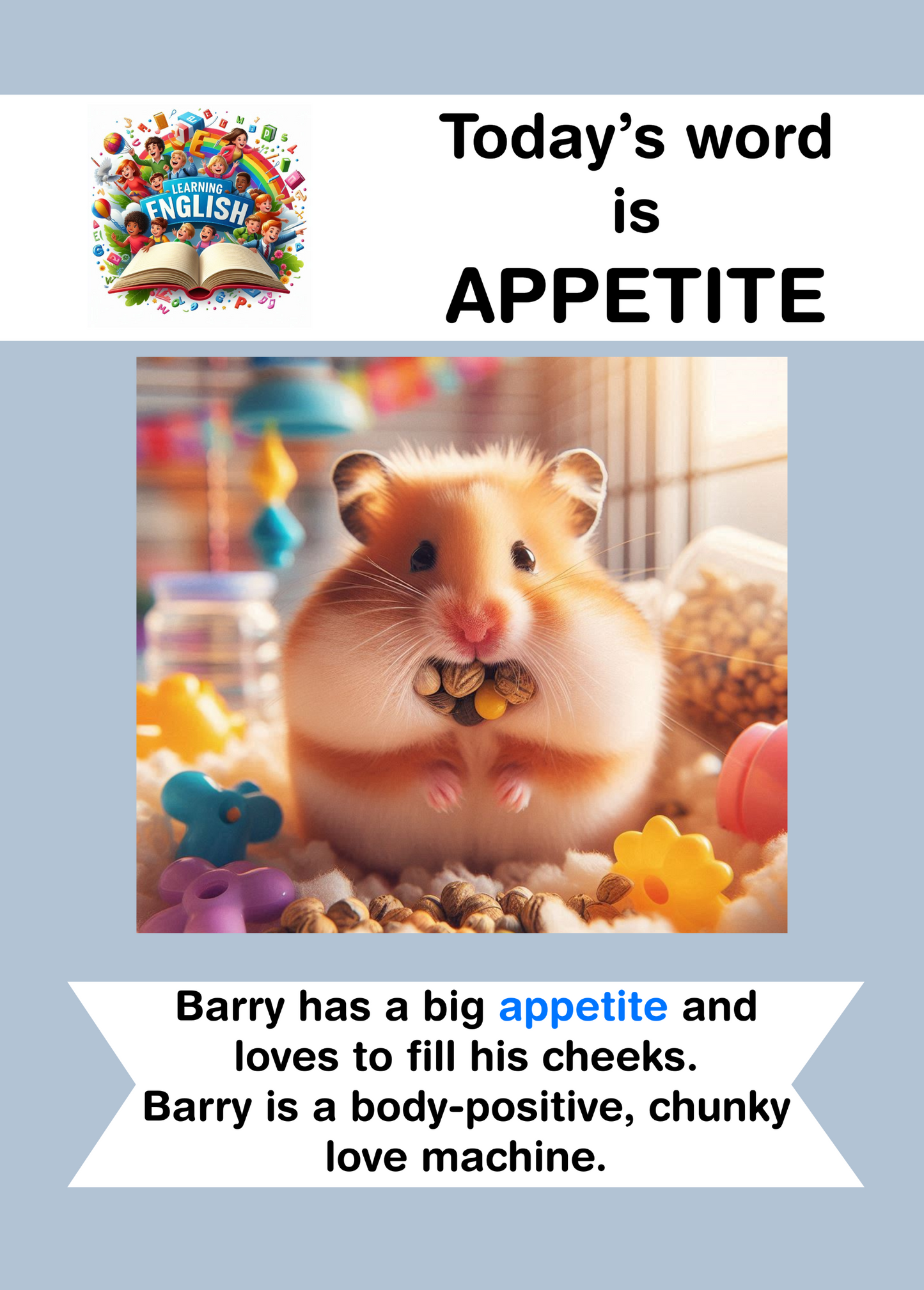 Funny greeting card with "Today's Word is Appetite" featuring a cute hamster with full cheeks.