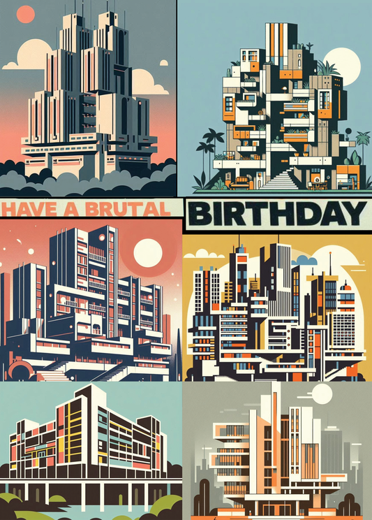 Brutalist Greeting Card with colorful architectural designs for a bold birthday celebration.