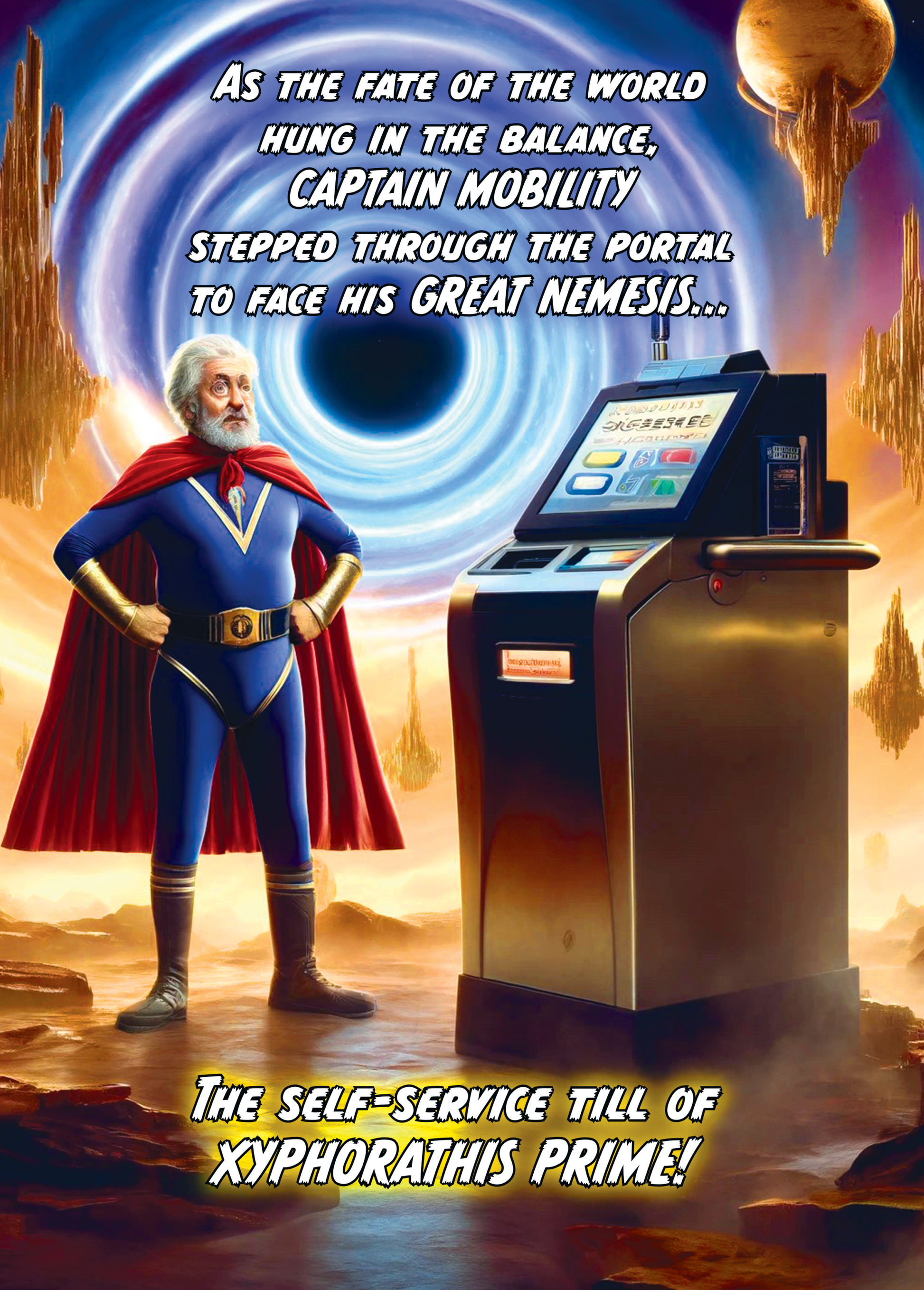 Weird greeting card featuring Captain Mobility and a self-service till in a futuristic setting.