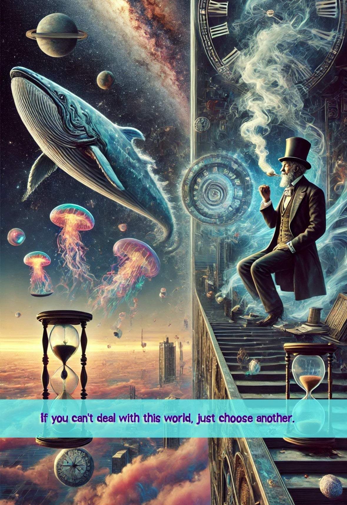 Artistic greeting card featuring a surreal design with a whale, jellyfish, and a man in a top hat.