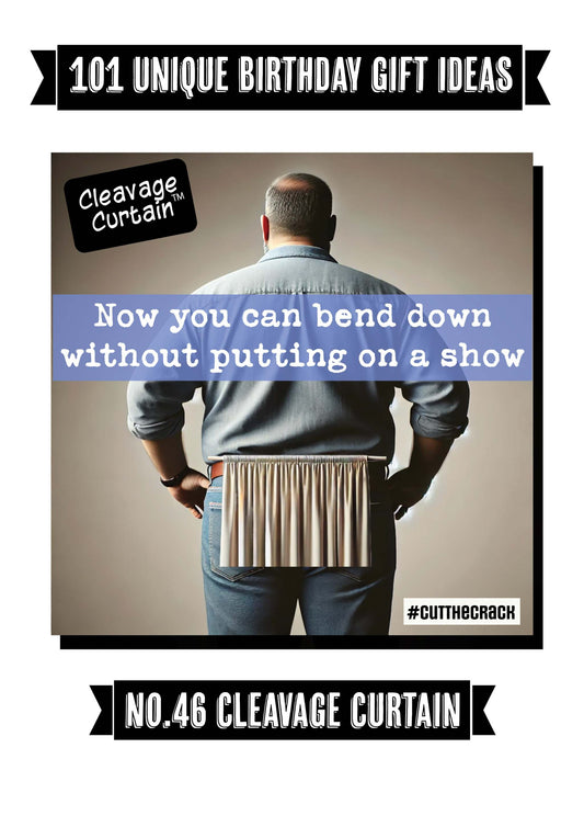 Weird greeting card with humorous "Cleavage Curtains" design showing a person from the back.