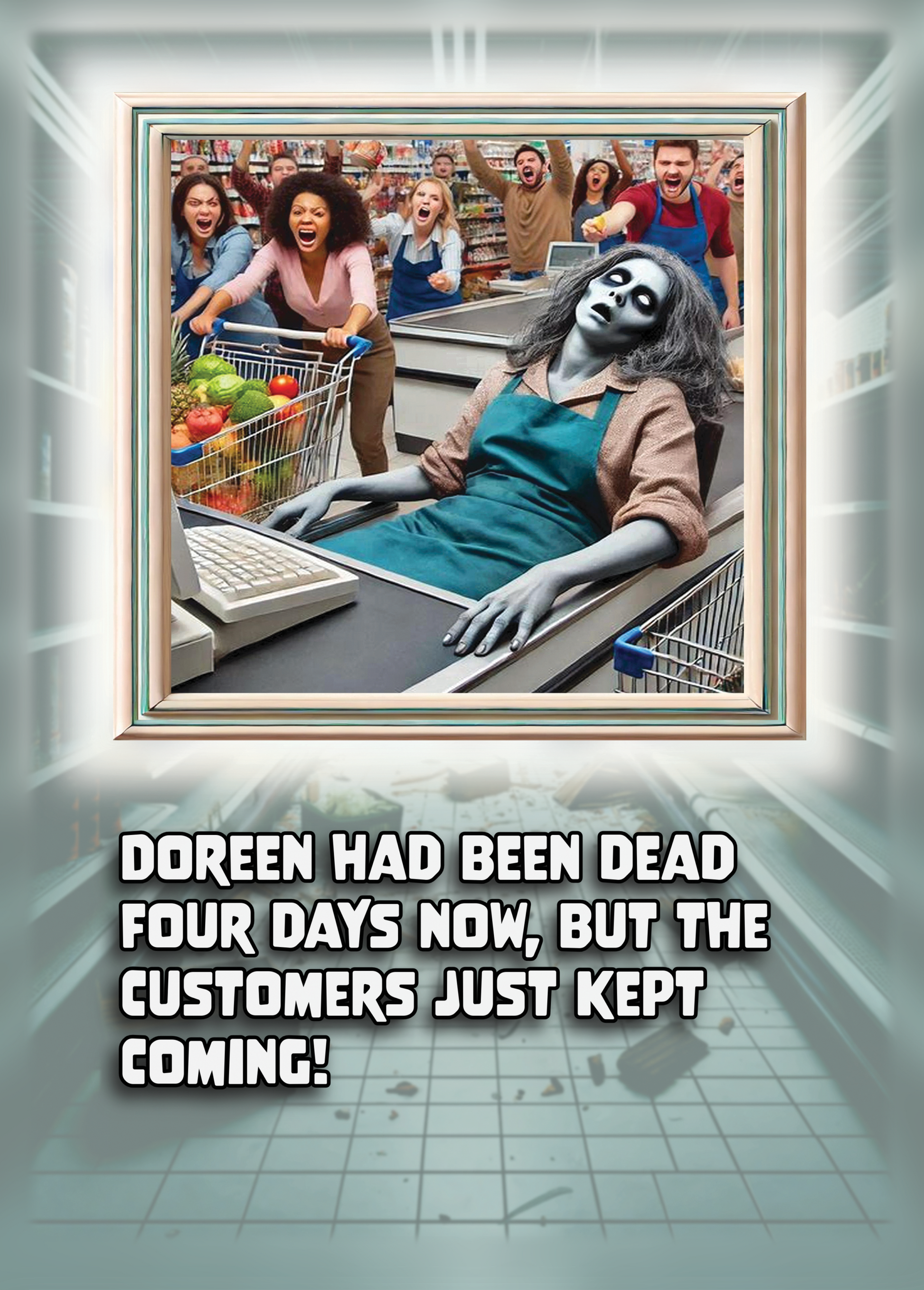 Weird greeting card featuring humorous supermarket scene with zombie checkout cashier and laughing customers.