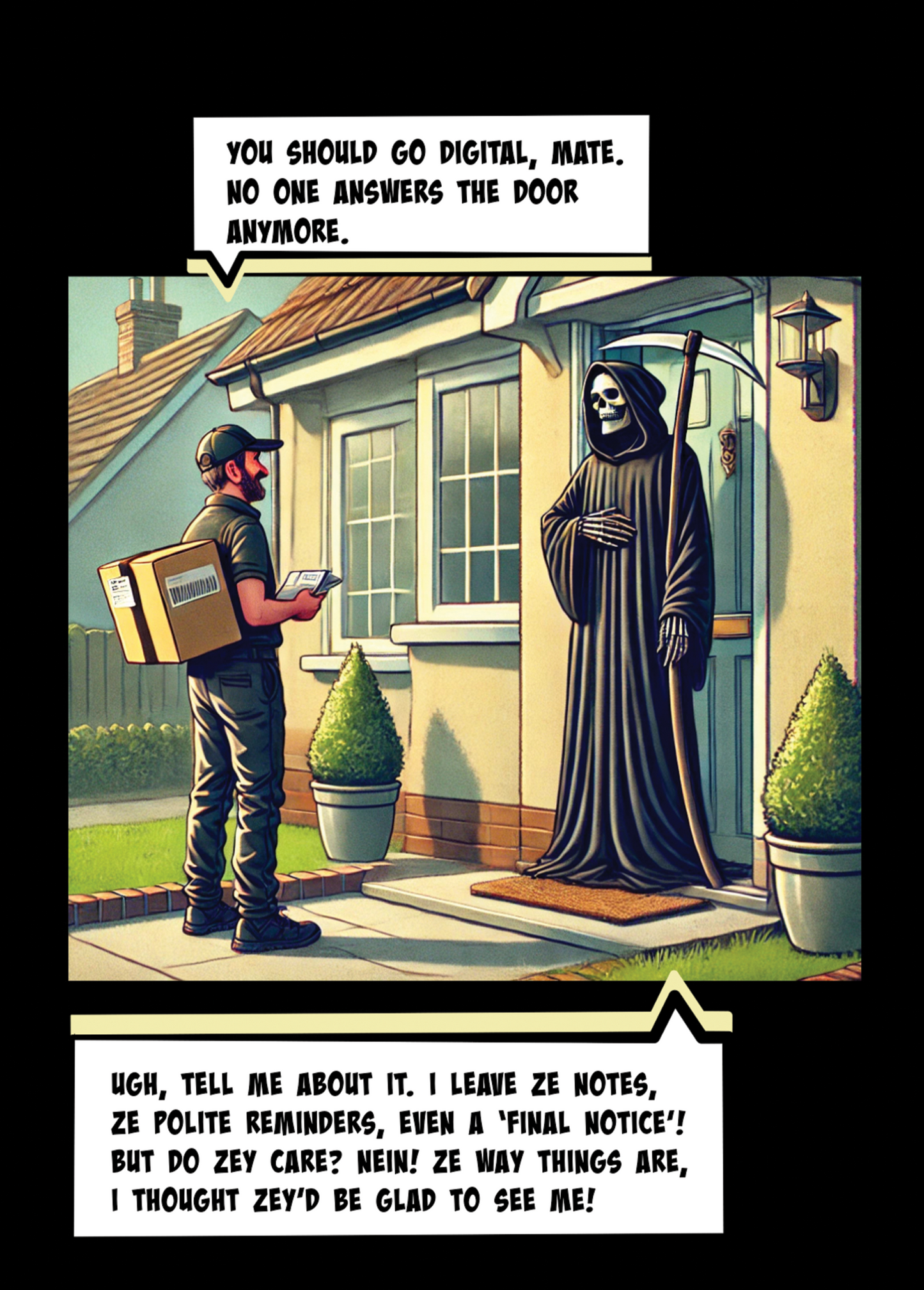 Funny greeting card featuring a delivery person talking to a humorous Grim Reaper about going digital.