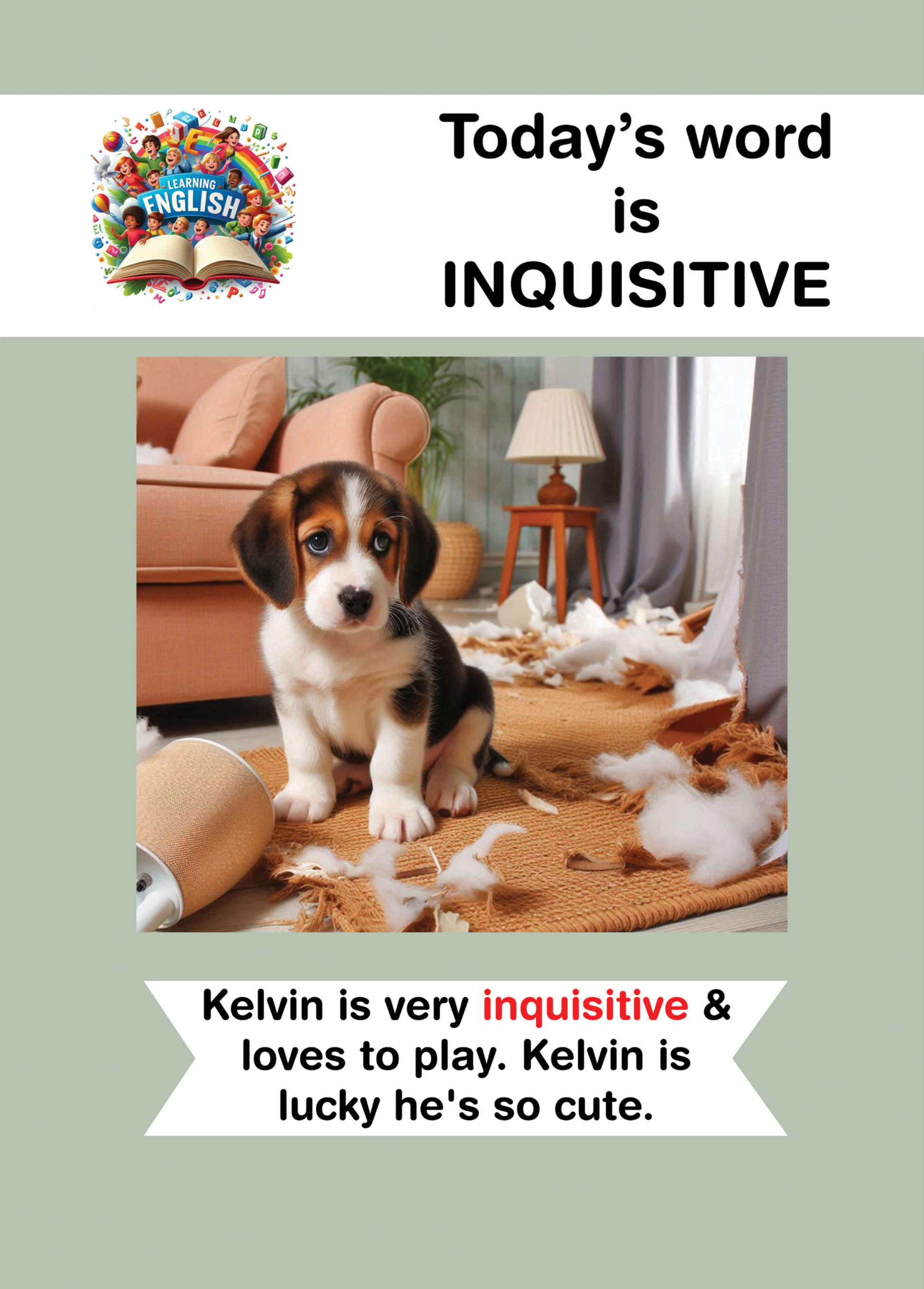 Dog Lover's Greeting Card featuring a playful puppy on a colorful design, with "Today's Word is Inquisitive" highlighted.