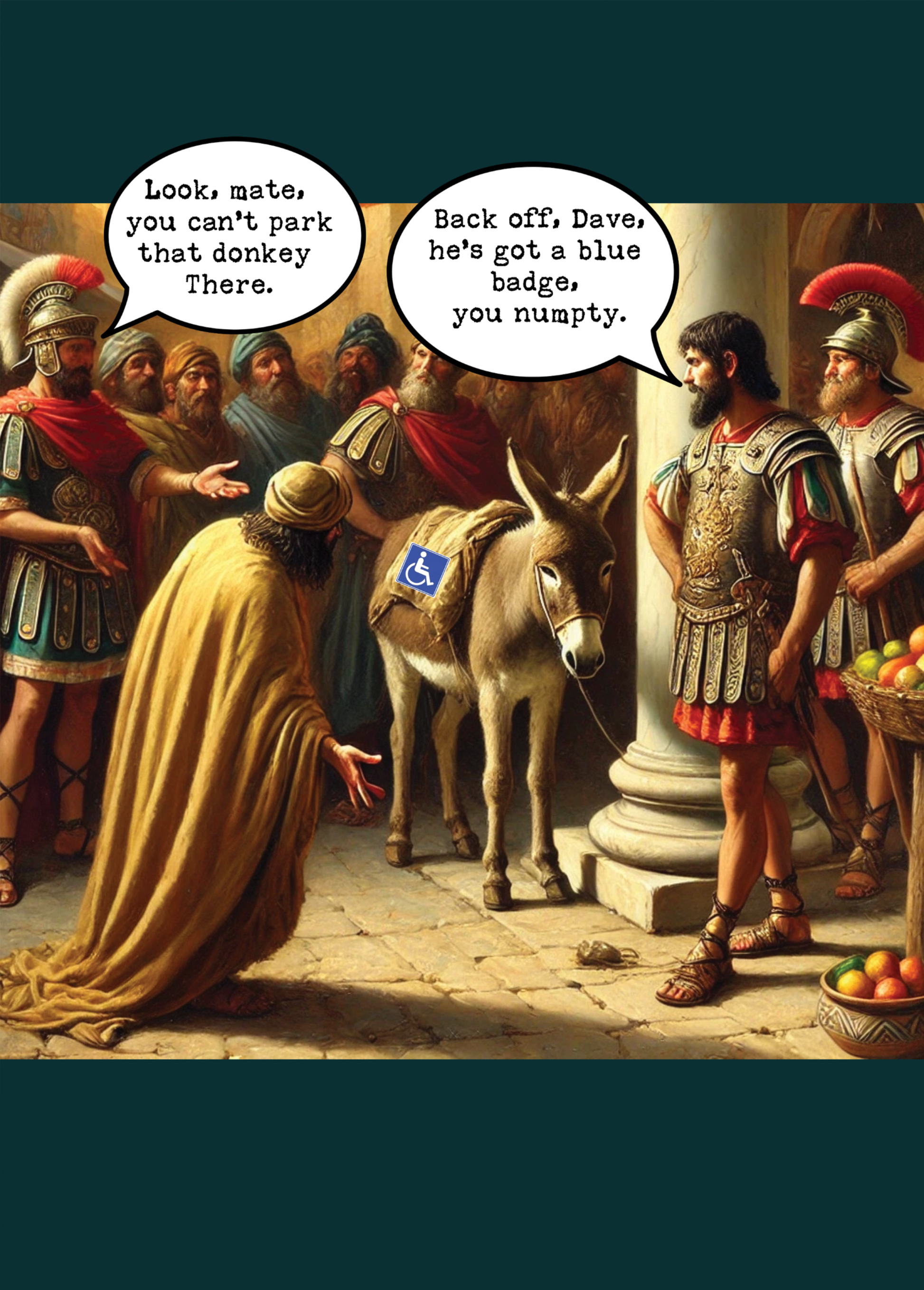 Funny greeting card with a Roman scene and humorous speech bubbles about parking a donkey.