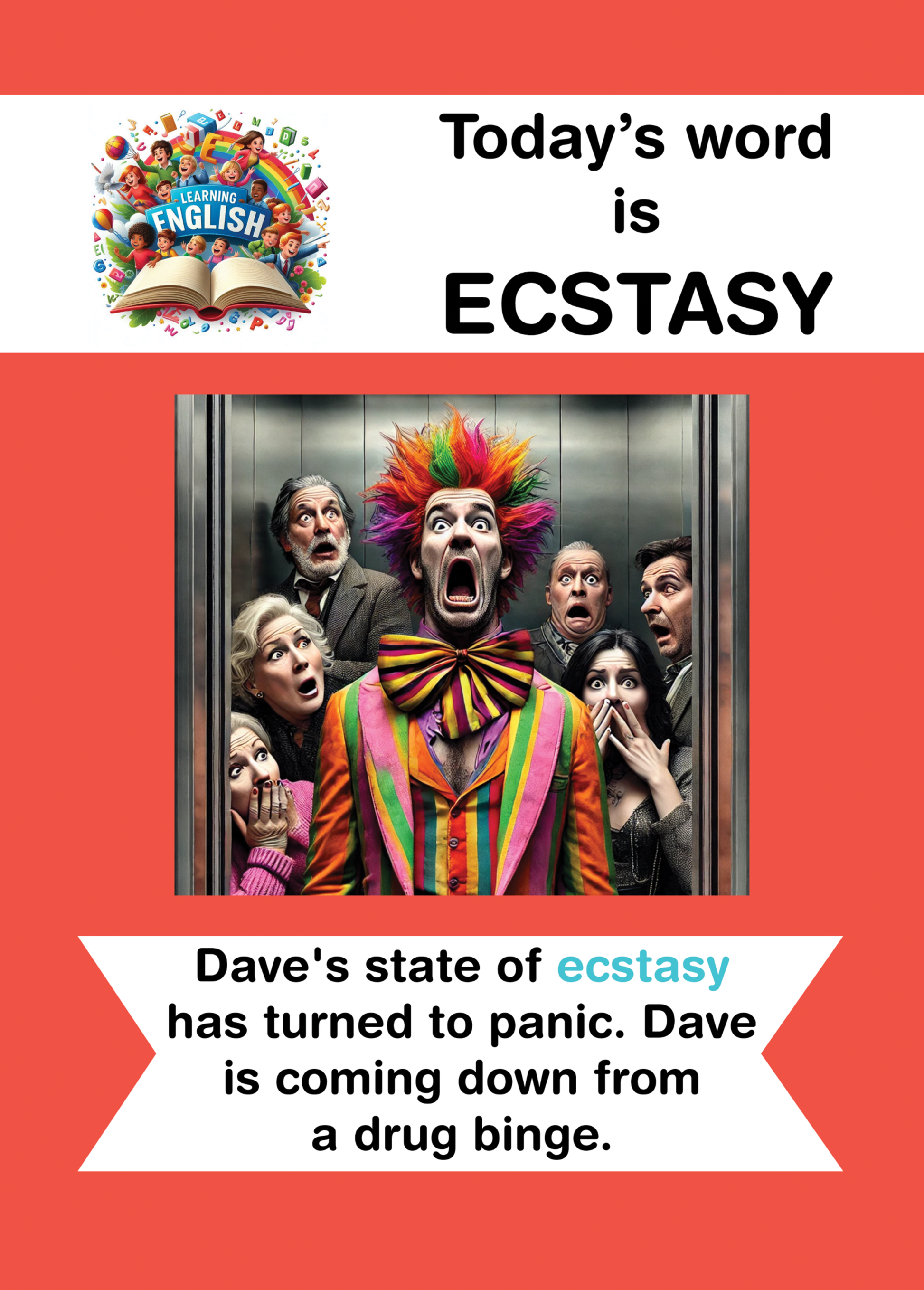 Funny greeting card with clown, bright colors, "Today's Word is Ecstasy" text.