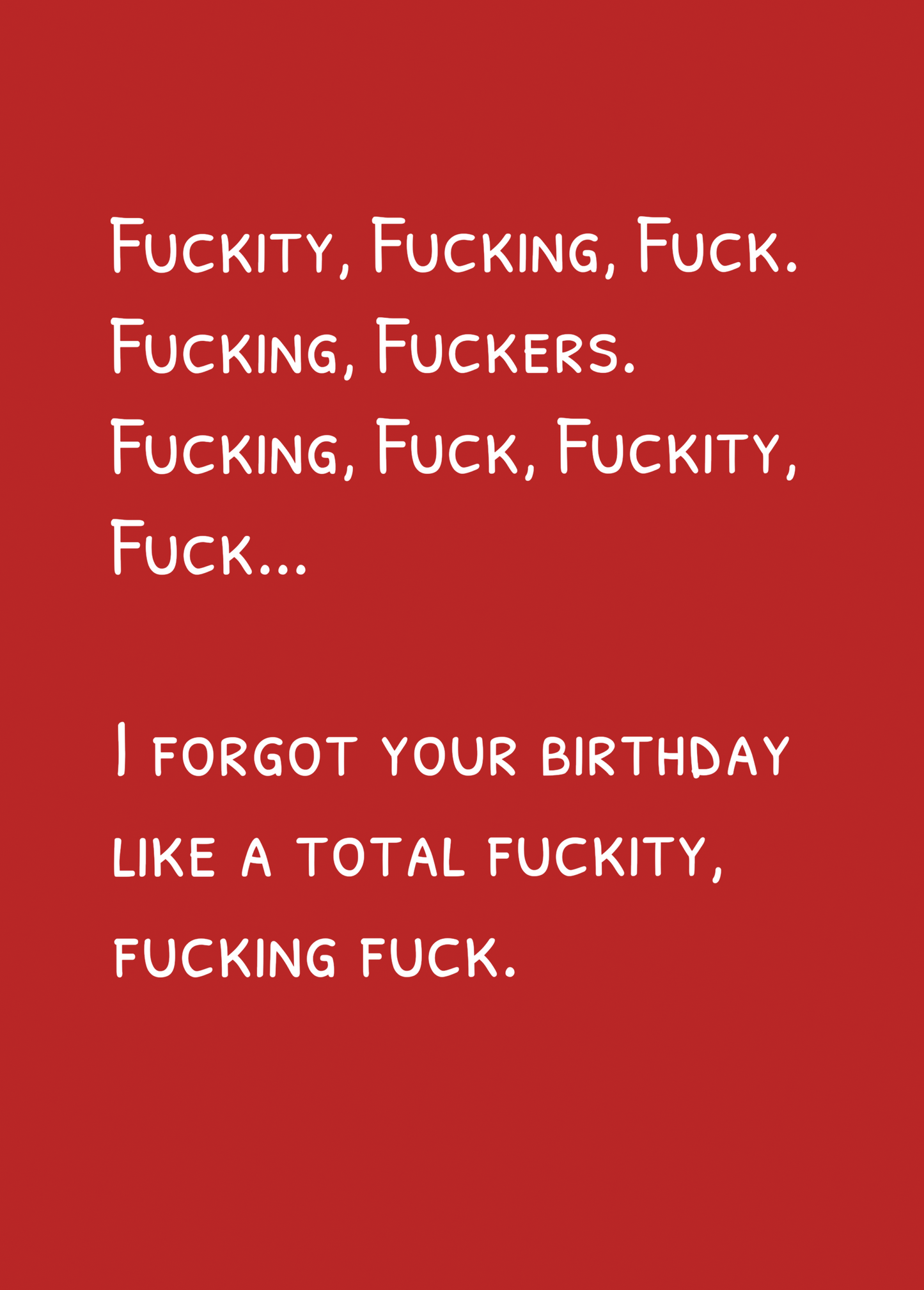 Rude greeting card with humorous profanity for forgotten birthdays on a red background.