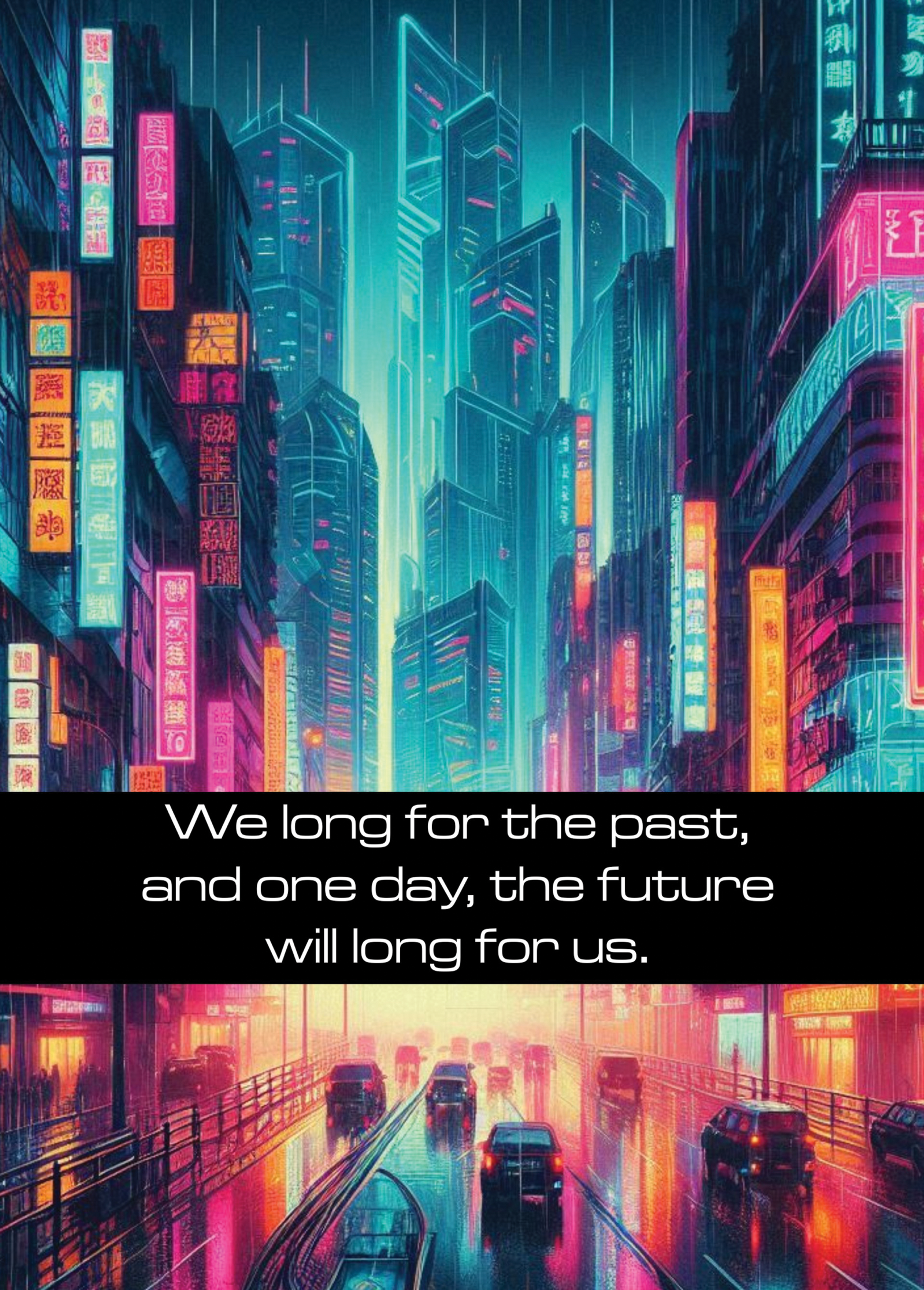 Artistic greeting card featuring a vibrant cityscape with neon lights and futuristic skyscrapers, paired with a nostalgic quote.