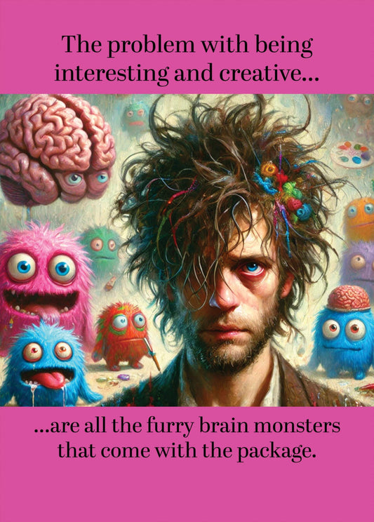 Weird greeting card featuring a quirky man surrounded by colorful furry monsters and a brain on a bright pink background.