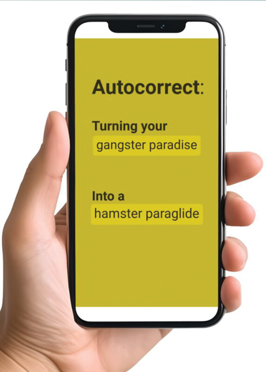 Funny greeting card featuring "Turning your gangster paradise into a hamster paraglide" autocorrect joke.