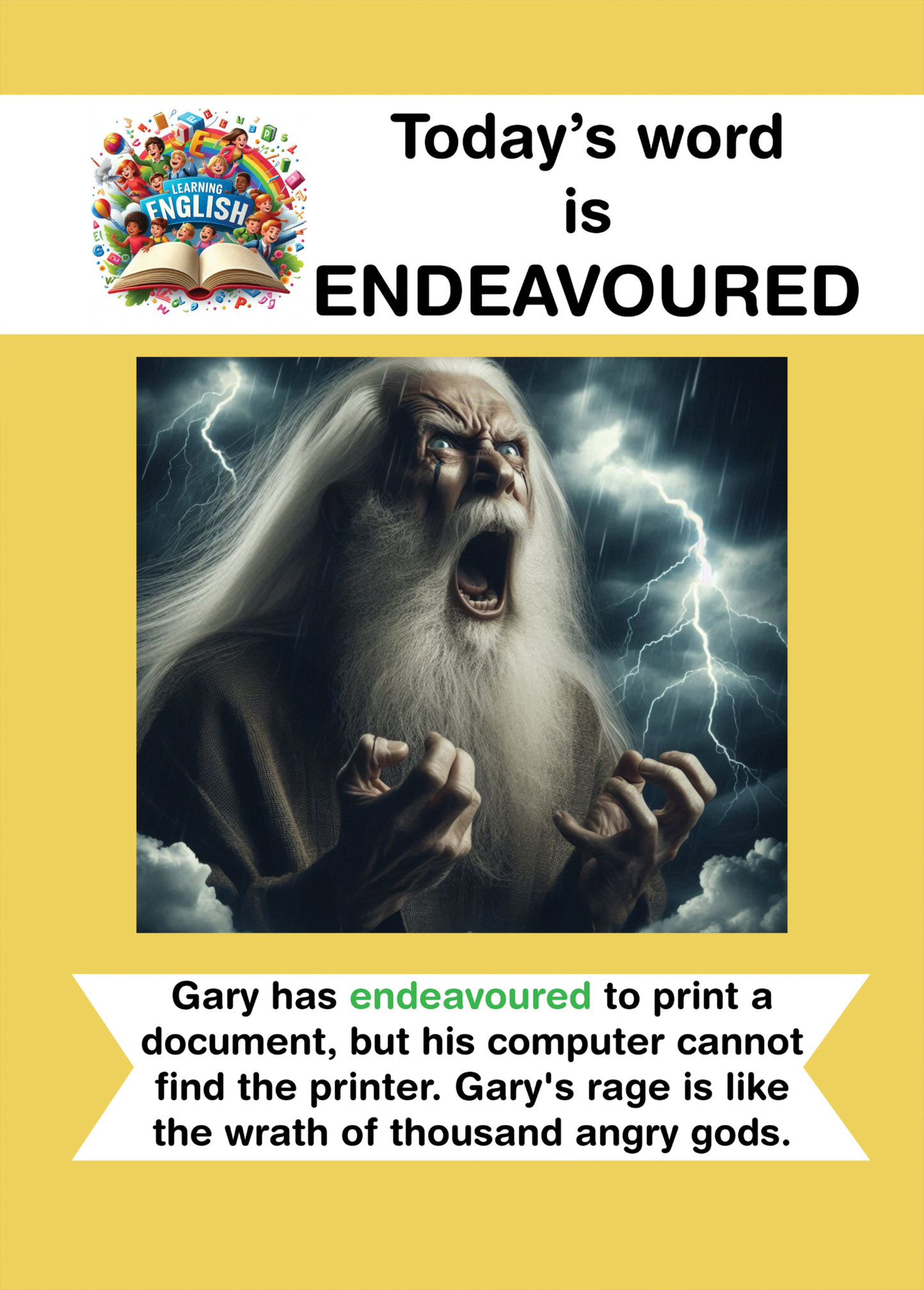 Funny greeting card featuring "Today's Word is Endeavoured" with an expressive illustration of an elderly man and humorous text.