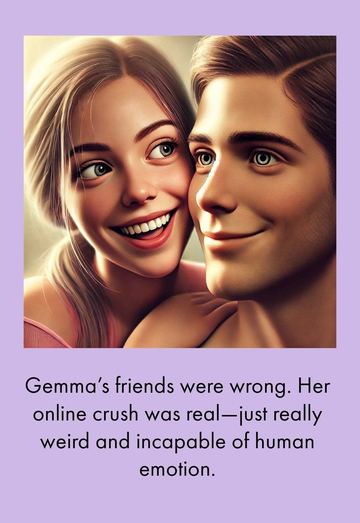 Funny greeting card featuring two smiling animated characters with caption about an online crush.