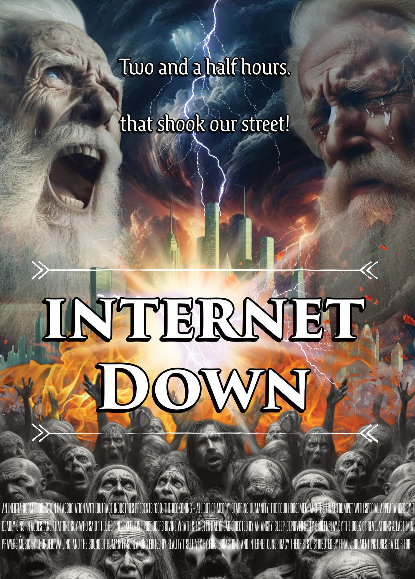 Funny greeting card with dramatic "Internet Down" theme, featuring vivid and bold artistic design.