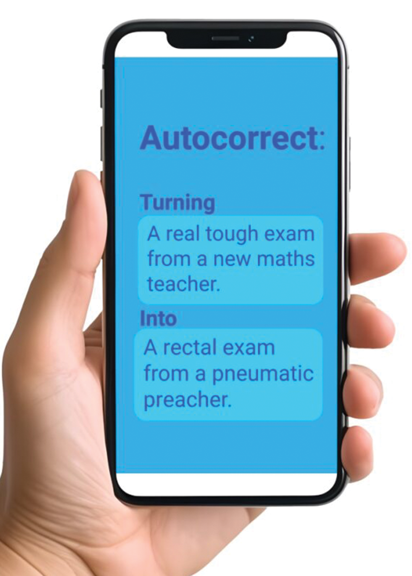 Funny greeting card featuring autocorrect joke about an exam on a smartphone screen.