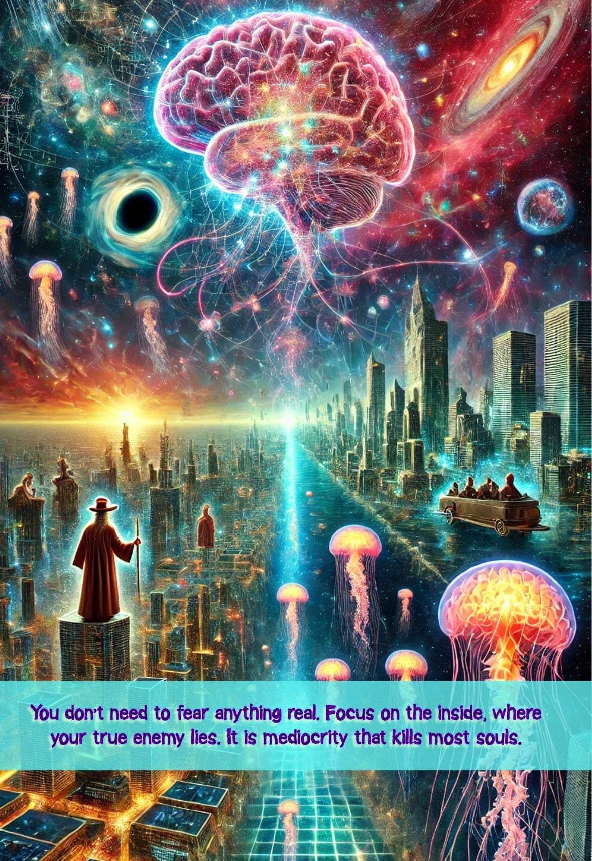 Artistic greeting card with surreal futuristic artwork and motivational quote.