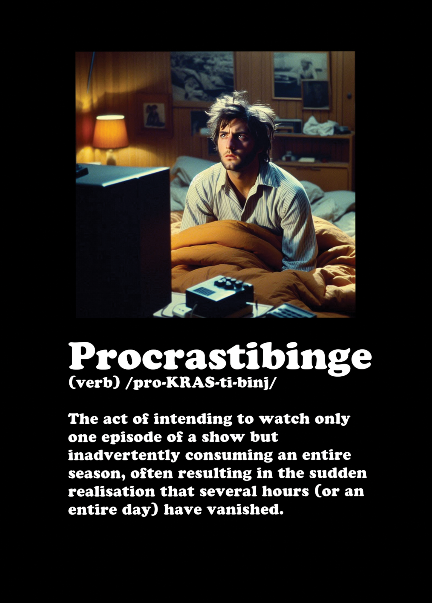 Funny Greeting Card with humorous definition of 'Procrastabinge', featuring a retro TV watching scene.