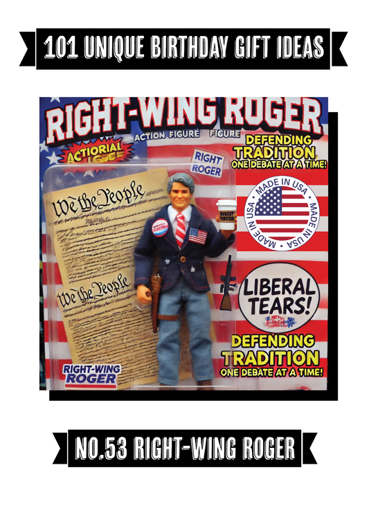 Funny Greeting Card featuring Right Wing Roger action figure with bold design.