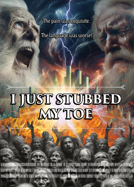 Funny Greeting Card featuring dramatic artwork with humorous text "I Just Stubbed My Toe" and expressive characters.