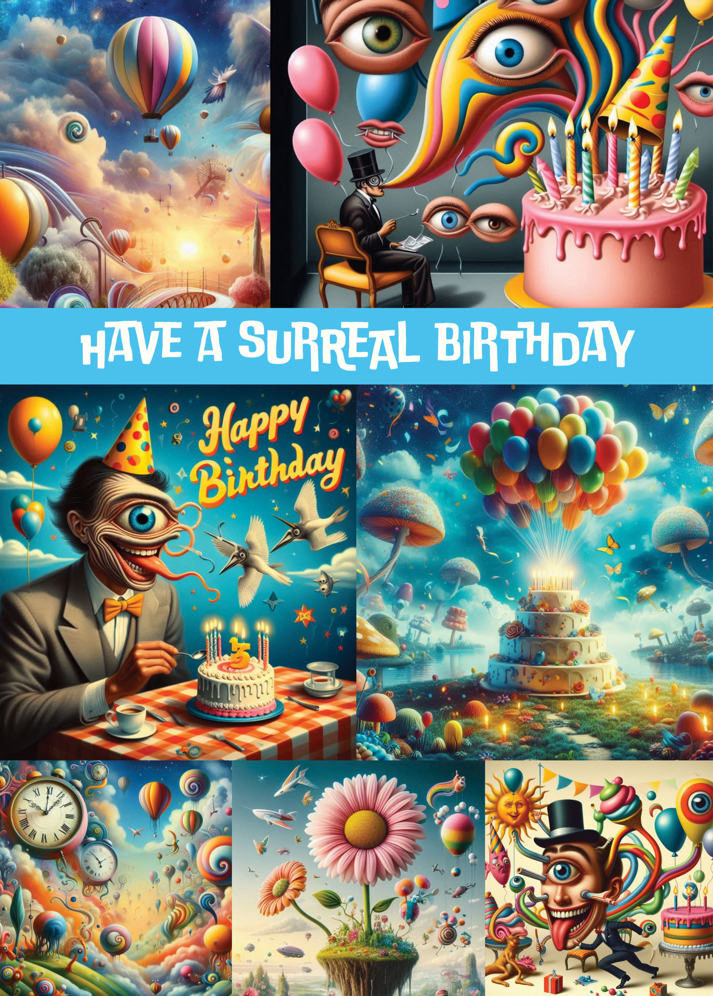 Surreal artistic greeting card with colorful surrealist designs for birthdays.