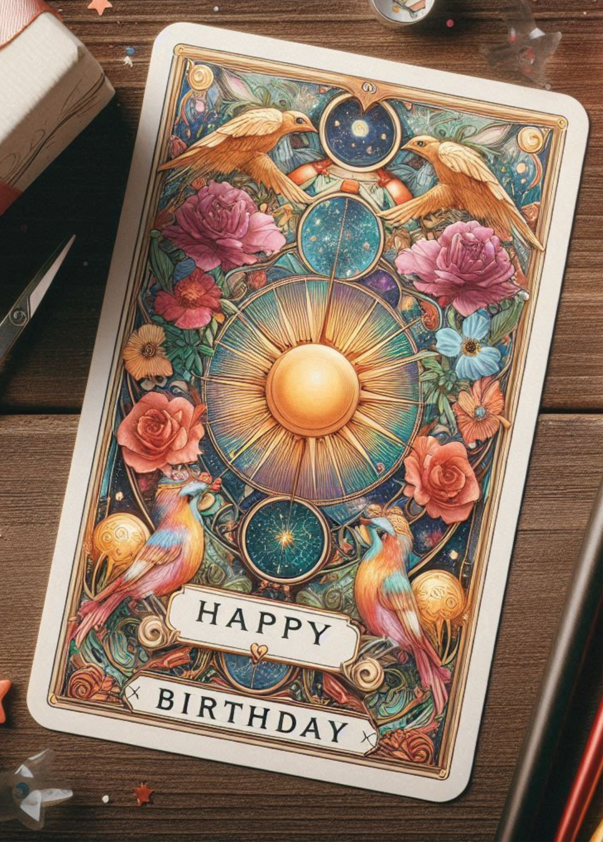 Artistic Greeting Card featuring a tarot-inspired design with vibrant flowers and birds.