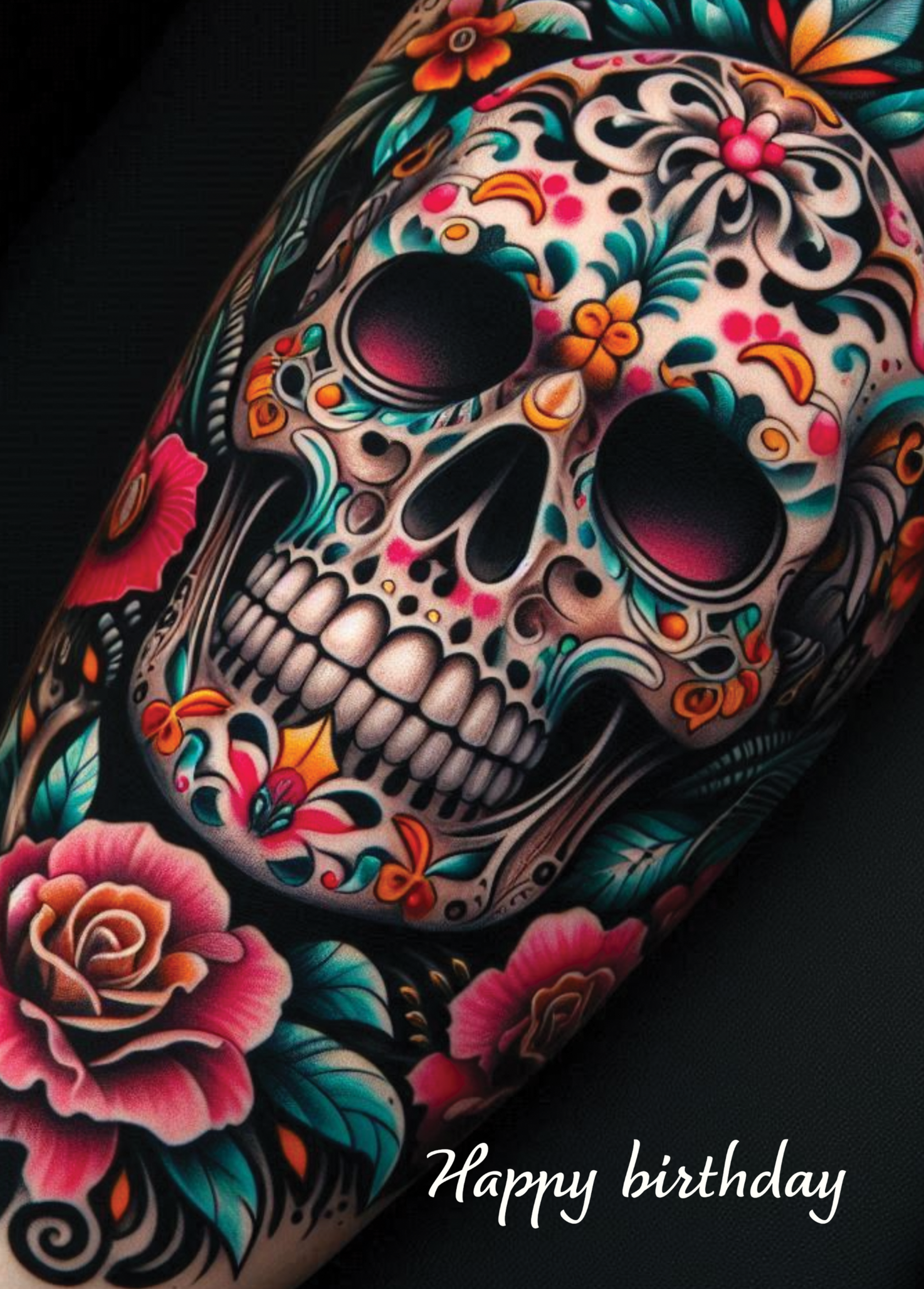 Artistic greeting card featuring a vibrant skull tattoo design, colorful flowers, and "Happy birthday" text.