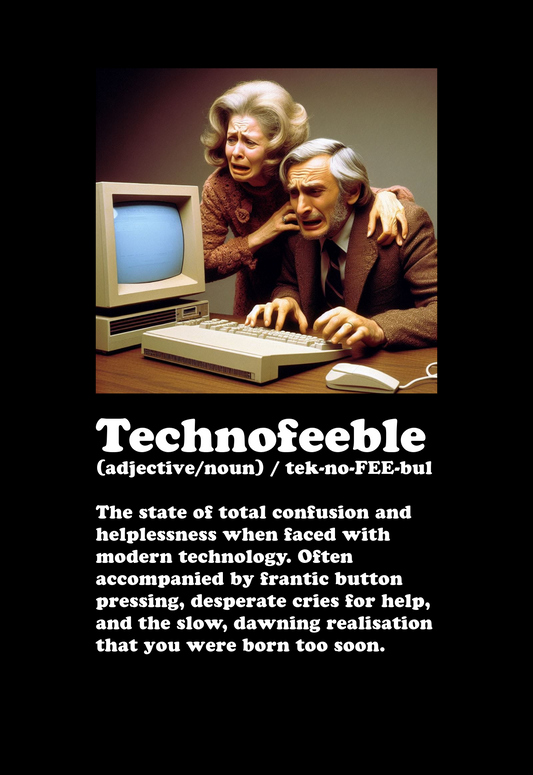 Funny greeting card featuring a retro couple confused by old technology, labeled "Technofeeble".