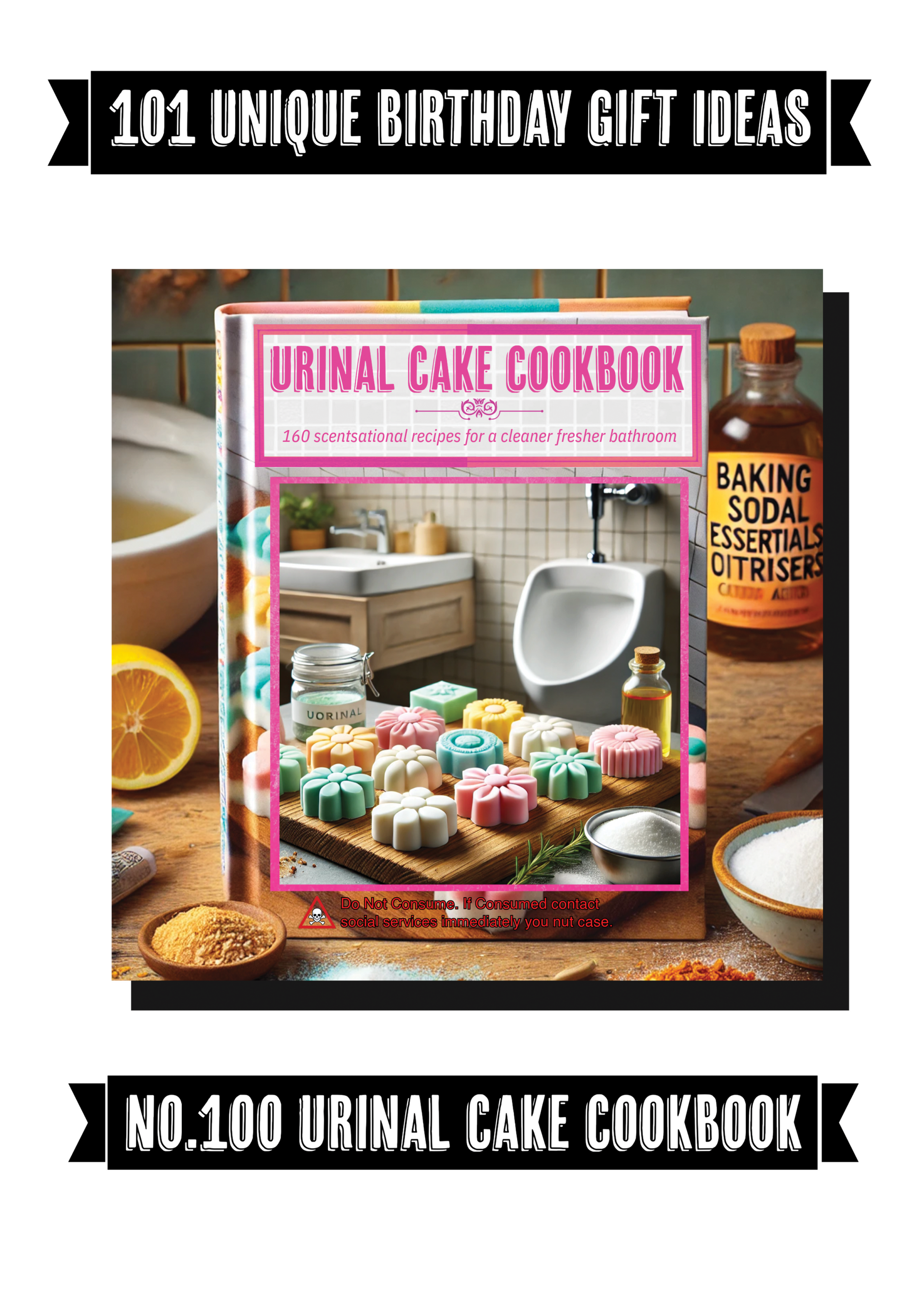 Funny greeting card featuring a humorous "Urinal Cake Cookbook" design with a colorful bathroom scene.