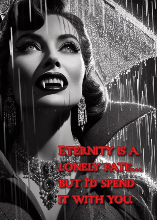 Artistic greeting card with a vintage vampire-inspired design and the text "Eternity is a lonely fate... but I'd spend it with you."