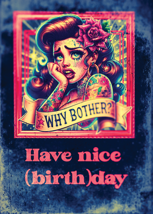 Artistic greeting card with retro-style design and "Have a Nice (birth)day" text.