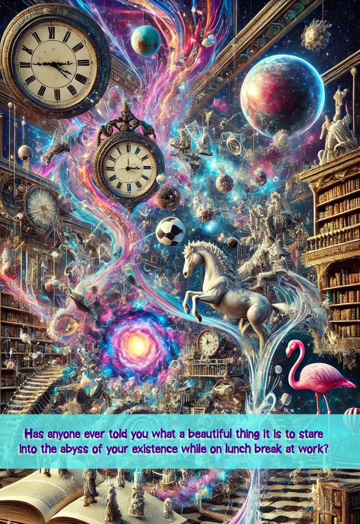 Artistic greeting card featuring a surreal, colorful dreamscape with clocks, a unicorn, and a flamingo; text reads "Has anyone ever told you what a beautiful thing it is to stare into the abyss of your existence while on lunch break at work?"