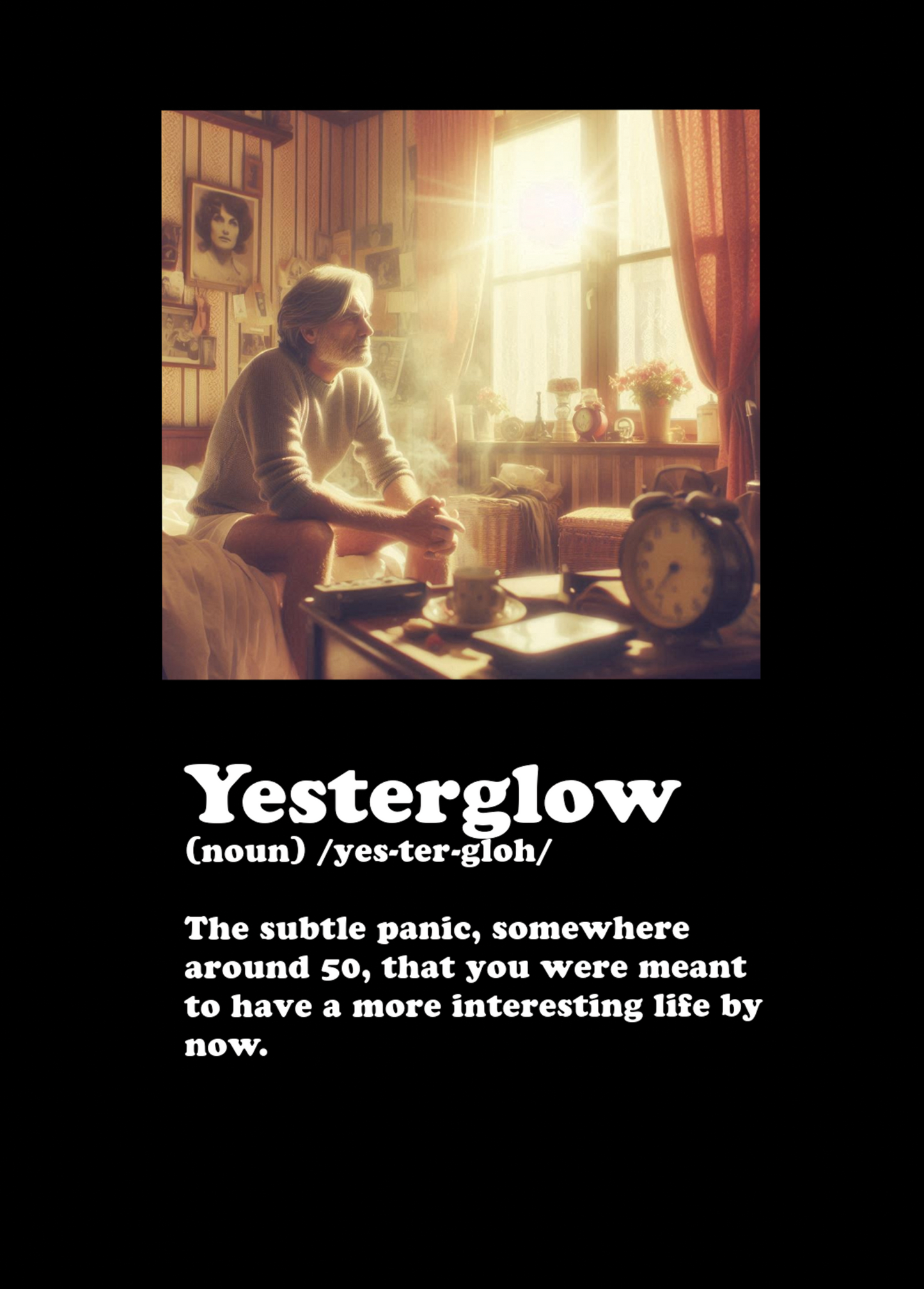 Funny Greeting Card — Yesterglow with humorous definition, showing thoughtful man in sunlit room.