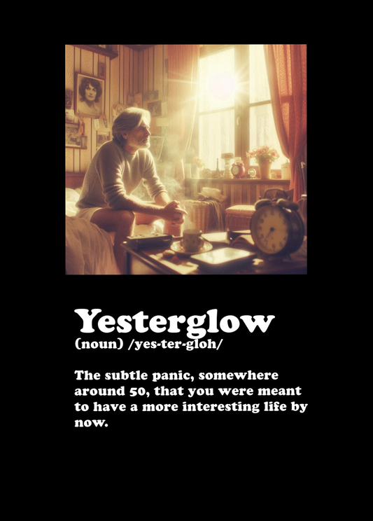 Funny Greeting Card — Yesterglow with humorous definition, showing thoughtful man in sunlit room.